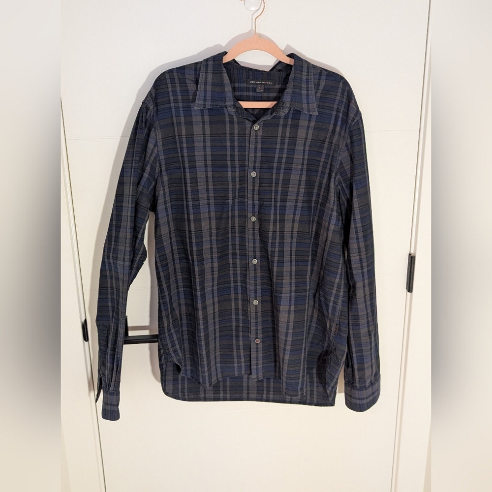 John Varvatos USA Plaid Buttondown Shirt Black Grey Blue | Large